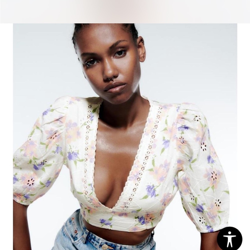 Zara Floral V-Neck Puff Sleeve Blouse